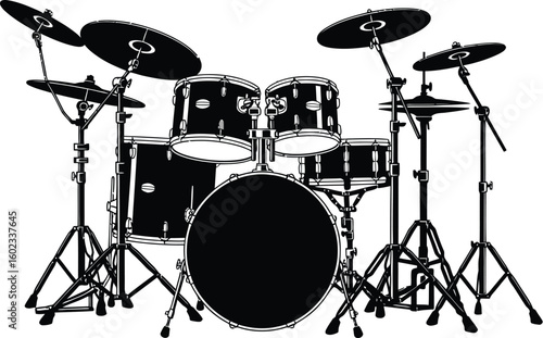 A detailed black and white line drawing of a complete drum set with cymbals and various drums shown