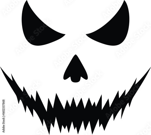 A stylized black silhouette of a spooky face with sharp teeth and menacing eyes on a white background