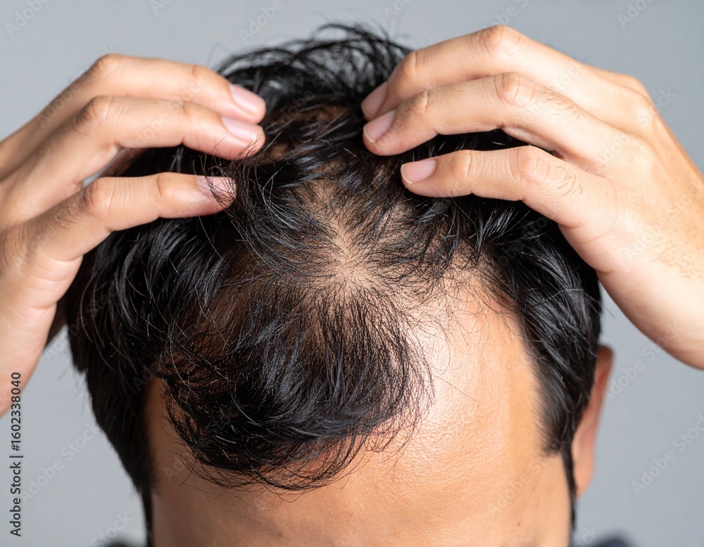 Naklejka premium Close-up of a Man's Scalp Showing Hair Loss, Concerned Expression