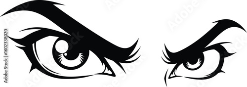 Two stylized eyes with thick eyelashes and eyebrows in black and white vector illustration art