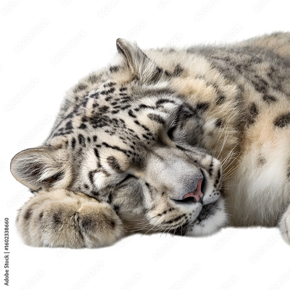 Obraz premium Sleeping snow leopard laying down peacefully on the ground and fluffy tail wrapped around body and isolated white background Batch realistic clean bright simple modern stock image isolated on plain