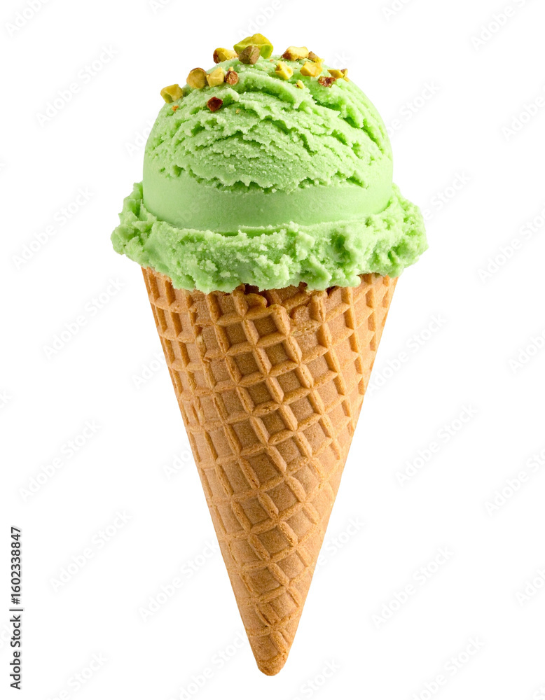 Pistachio Ice Cream on Cone, Isolated on Transparent Background Pistachio Ice Cream on Cone, Isolated on Transparent Background