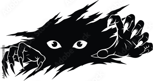 A black silhouette of a monster with sharp claws reaching out and eyes peering from a torn background design
