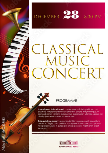 Classical music concert, festival, contest advertising poster template. Stylized music notes, violin, piano keys, brass wind instruments, five lines stave, treble clef. Abstract background