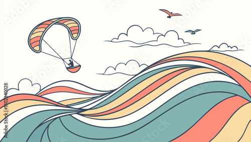 A lone paraglider soars gracefully above a vibrant abstract landscape of colorful waves under a sky dotted with fluffy clouds and soaring birds
