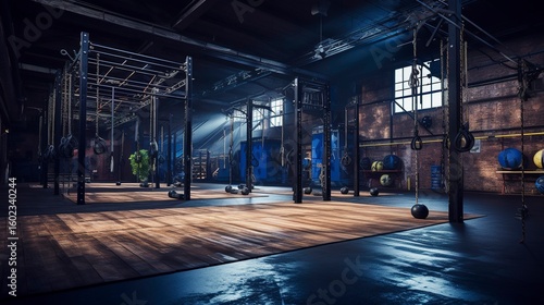 A photo of an empty CrossFit gym with functional trail