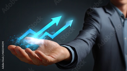 Business Growth and Progress: An elegant individual, clad in a tailored suit, extends a hand, cradling glowing blue upward-pointing arrows, symbolizing expansion and development.