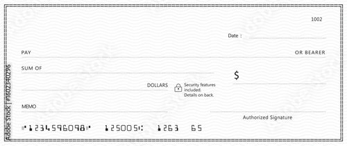 Bank check, vector blank money cheque, checkbook template with guilloche pattern and fields. Currency payment coupon, money check background