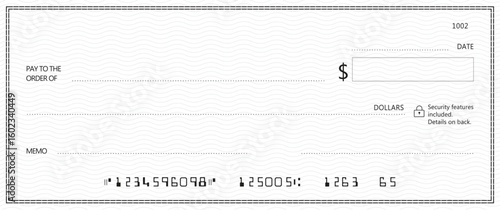 Bank check, vector blank money cheque, checkbook template with guilloche pattern and fields. Currency payment coupon, money check background