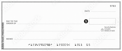 Bank check, vector blank money cheque, checkbook template with guilloche pattern and fields. Currency payment coupon, money check background