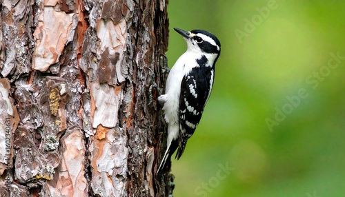Hairy woodpecker clinging to a pine tree trunk on a vibrant green background
