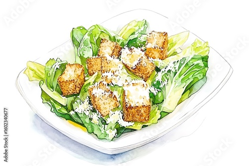 Artistic watercolor illustration of a fresh caesar salad with croutons and parmesan