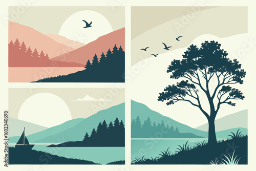 Tranquil silhouettes of nature mountains lakes trees and birds at sunrise and sunset