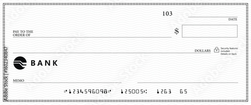 Bank check, vector blank money cheque, checkbook template with guilloche pattern and fields. Currency payment coupon, money check background