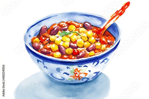 Watercolor illustration of a vibrant bowl filled with mixed beans and corn