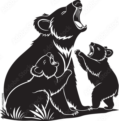 Bear cubs and parent roaring together open mouths