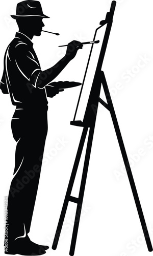 Silhouette of a man in a hat painting on an easel with a brush and palette in black and white style