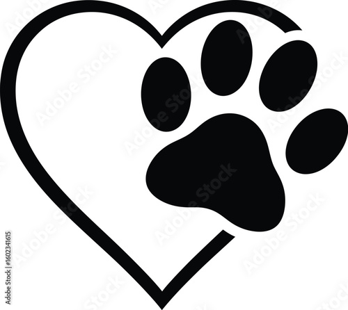 A simple black and white graphic depicting a heart outline with a paw print inside of the heart shape