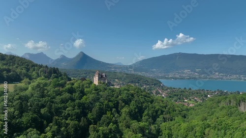 Aerial view of Menthon Saint Bernard  romantic fairytale castle near Lake Annecy in France inspired Sleeping Beauty castle