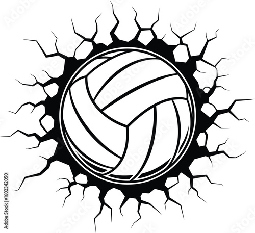 A volleyball breaking through a wall with cracks radiating outwards in a black and white illustration