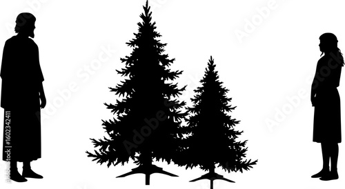 vector silhouette of a man and a girl in ancient clothes near the Christmas tree .Generative AI
