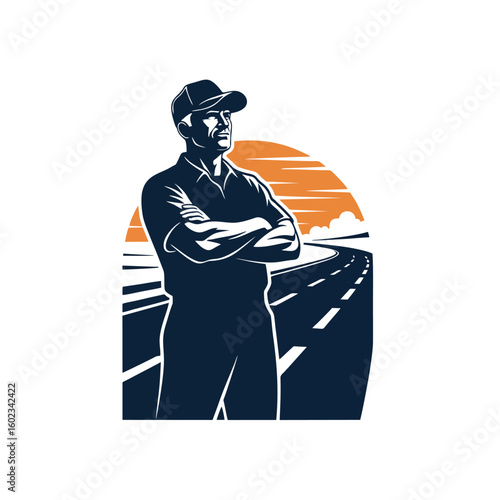 Silhouette of a Proud Trucker With a Highway Background Element, Logo Style