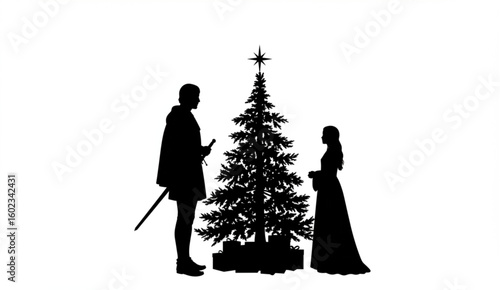 vector silhouette of a man and a girl in ancient clothes near the Christmas tree .Generative AI
