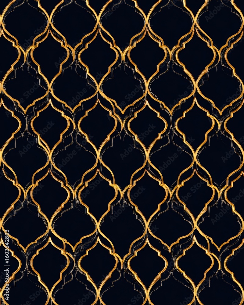 Fototapeta premium Golden ogee pattern forming a moroccan lattice design on black background