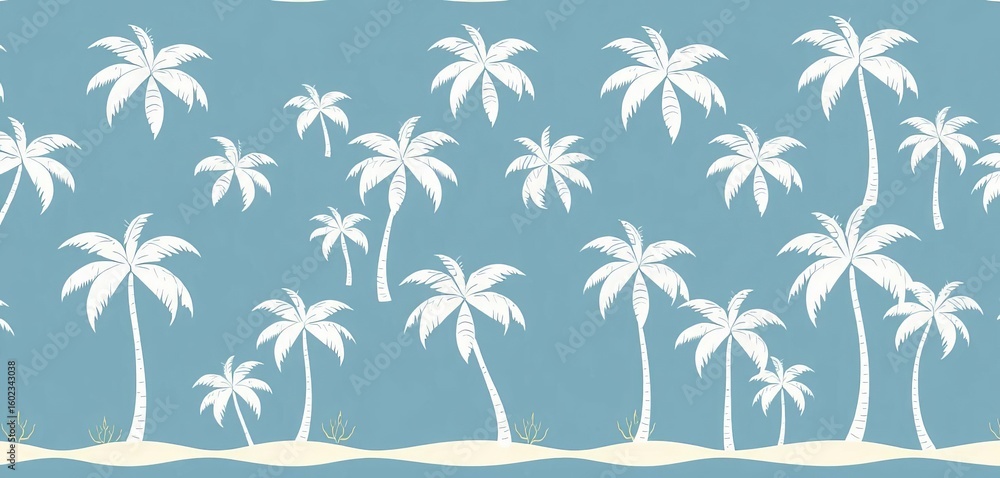 Obraz premium White cartoon palm tree seamless pattern Tropical island beach theme, perfect for fabric, wallpaper, or wrapping paper, leaves, wallpaper