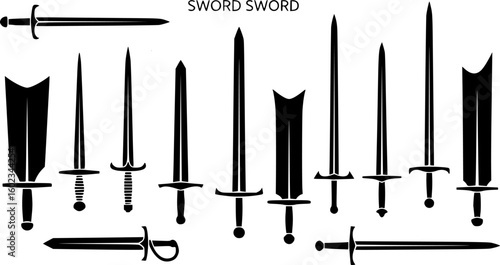 a collection of different types of swords, black and white, simple design, various sword shapes, silhouettes, minimal detail, flat image, vector 