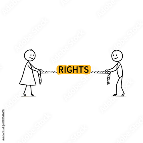 Stick figures tugging on rope labeled 'Rights' in simple illustration  