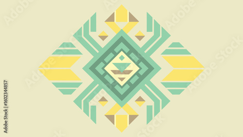 Traditional tribal ornament in butter yellow and mint green with geometric symmetry, perfect for textile, ceramic, or packaging design