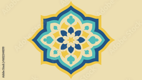 Islamic-inspired ornamental motif in butter yellow and blue with floral geometry, ideal for tiles, textile design or decorative packaging