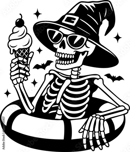 Black and white vector illustration of a Halloween skeleton wearing glasses and a witch hat, spooky and quirky style, ideal for seasonal decorations, party prints, and DIY crafts