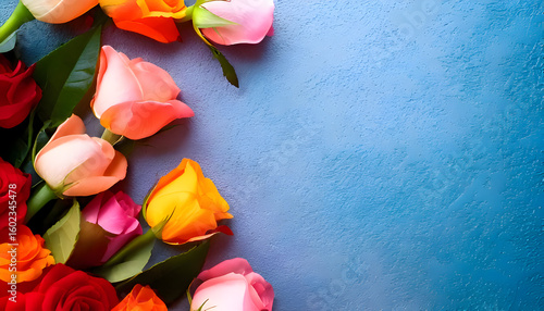 A vibrant arrangement of colorful roses on a blue background.