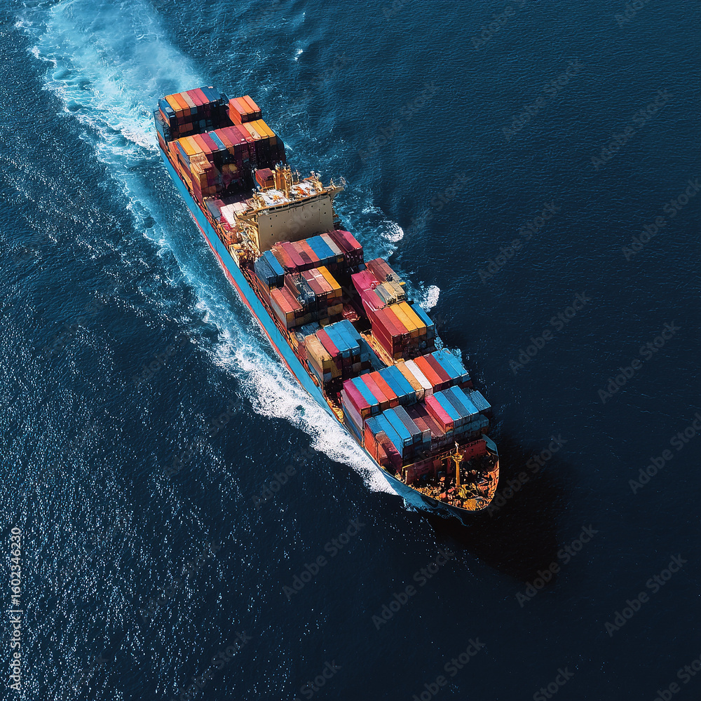 Fototapeta premium Aerial and close-up views of colorful cargo containers and container ships at sea and ports