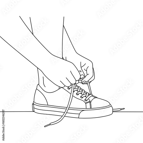 Person tying shoelaces on sneakers in a minimalist style  
