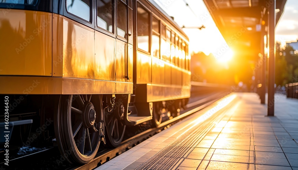 Naklejka premium Arriving Train at Platform During Sunset with Golden Sunlight