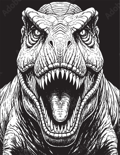 劇画風ティラノサウルス素材：日本の漫画用白黒イラスト（咆哮・クローズアップ）