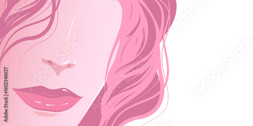 Illustration of a beautiful woman's face with pink hair on a pink background.