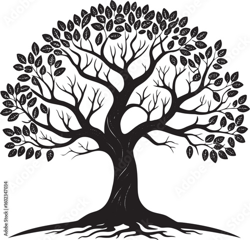 Black silhouette of a leafy tree with roots white nature