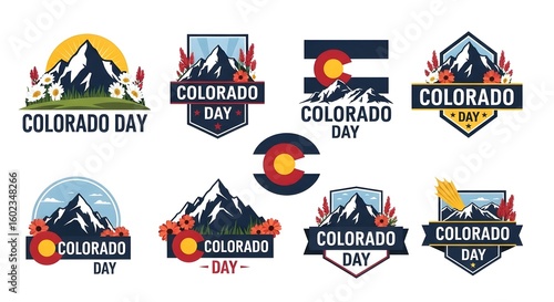 Collection of Colorado Day Emblems Featuring Mountain and Floral Designs in Retro and Modern Styles
