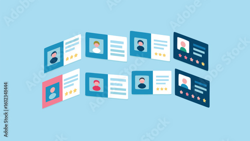 Isometric view of multiple profile cards with avatars ratings and text on a light blue background