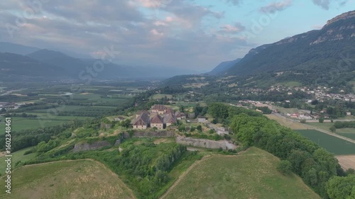 Aerial view of Fort Barraux above the Isere valley in France, star shaped fortress with bastions, demi lunes, casamate, lunettes, commanding the road