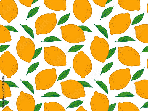 Seamless lemon pattern with leaves. Trendy summer background. Vector bright background in colored doodle style, hand drawn. Texture for printing for fabric, wallpaper, wrapping paper.
