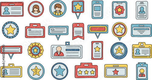 Variety of badges and labels depicted. Identification, recognition, accreditation, quality, credentials, authorization, certification, achievement, qualification, approval.