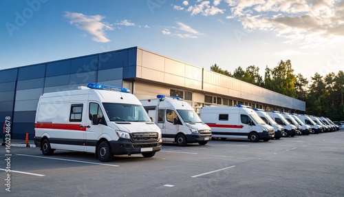 A fleet of modern ambulance vans parked in a row at a medical depot, symbolizing emergency medical service readiness