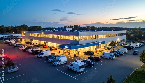 Modern Commercial Building with Parking Lot Full of Cars and Vans at Dusk