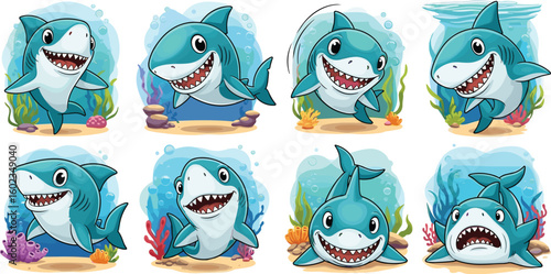 Cartoon sharks smile underwater. Marine life, sea creatures, aquatic animal, ocean wildlife, cute, fun, happiness, illustration, character.