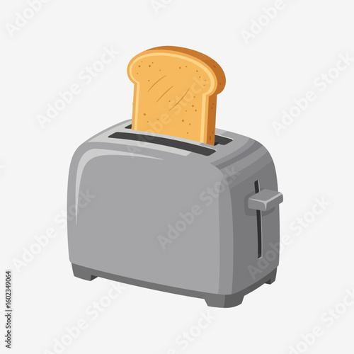 A cartoon illustration of a silver toaster with a slice of golden-brown toast popping out of the top.